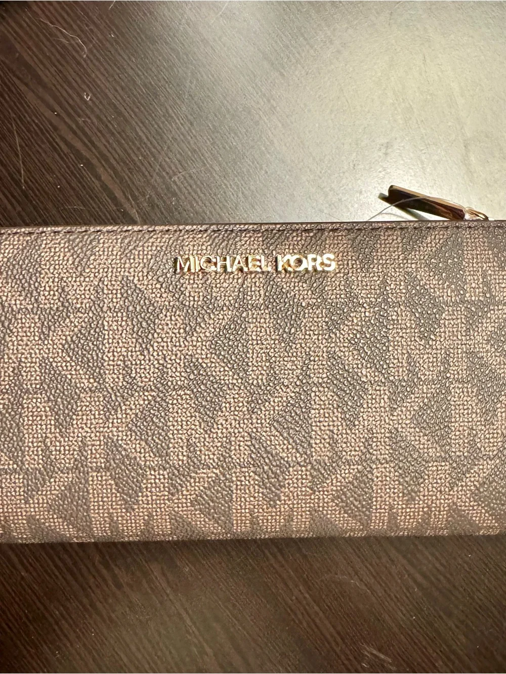 Michael Kors Brown Monogram Zip Wallet with Gold Logo